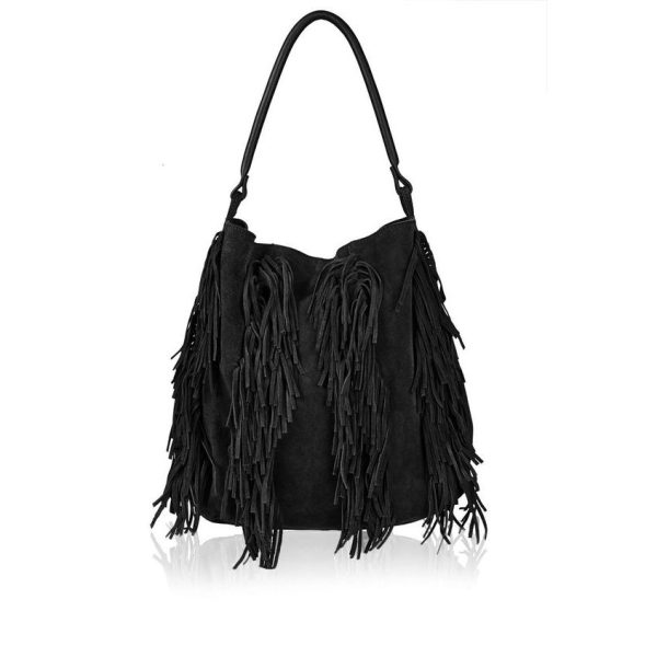 Topshop Tassel Hobo Bag Black Suede Fringe Detail Shoulder Bag Handbag